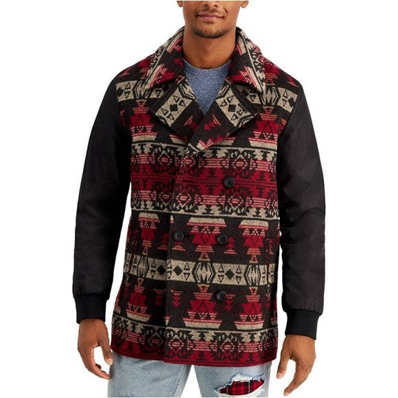 Sun Stone Mens Coat Small Pea-Coat Jacket Tribal Geomatric Print Red Size S - Picture 3 of 3